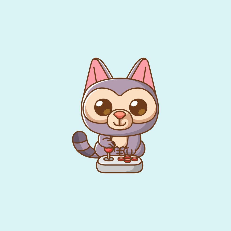 Cute raccoon Gamer Playing Game with joystick kawaii chibi character mascot illustration outline style design vector