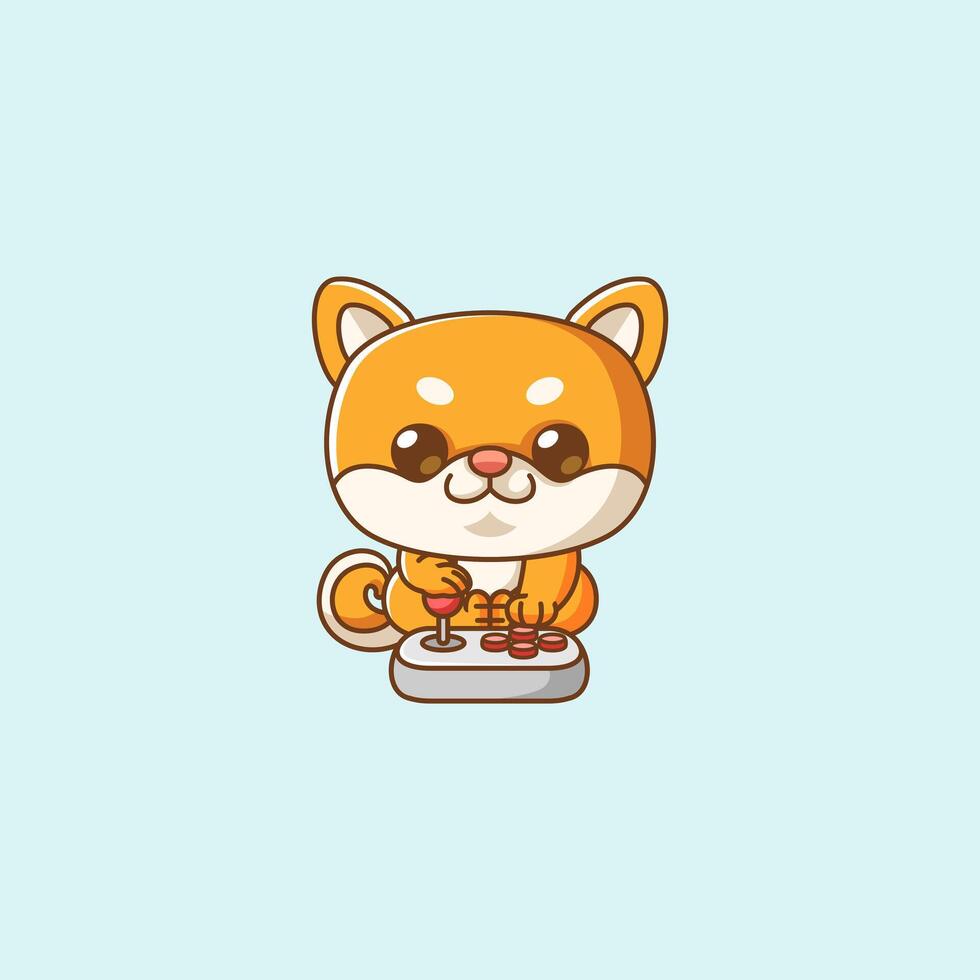 Cute shiba inu dog Gamer Playing Game with joystick kawaii chibi character mascot illustration outline style design vector