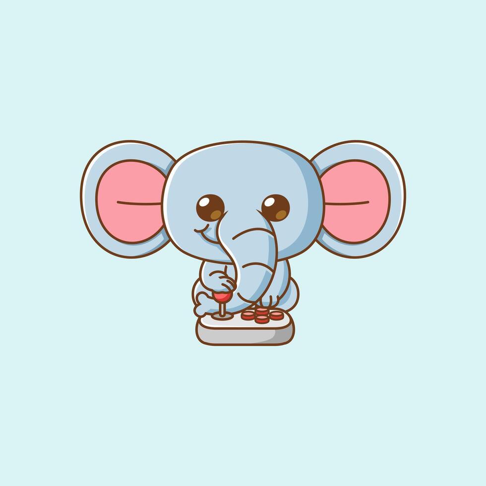 Cute elephant Gamer Playing Game with joystick kawaii chibi character mascot illustration outline style design vector