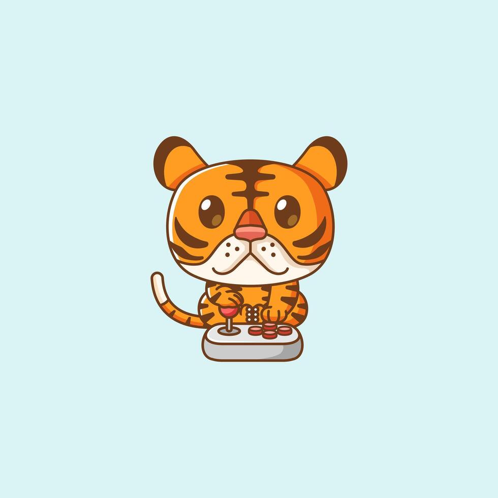 Cute tiger Gamer Playing Game with joystick kawaii chibi character mascot illustration outline design vector