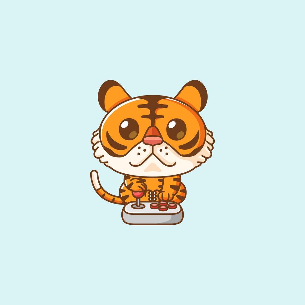 Cute tiger Gamer Playing Game with joystick kawaii chibi character mascot illustration outline design vector