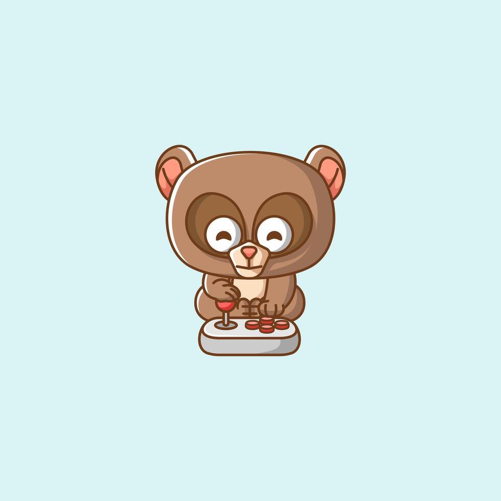 Cute bear Gamer Playing Game with joystick kawaii chibi character mascot illustration outline style design vector