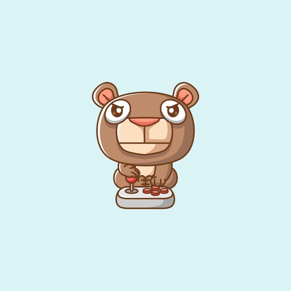 Cute bear Gamer Playing Game with joystick kawaii chibi character mascot illustration outline style design vector