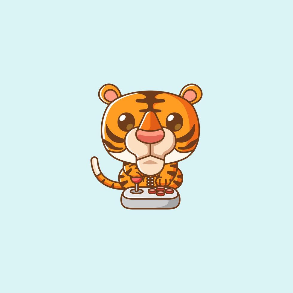 Cute tiger Gamer Playing Game with joystick kawaii chibi character mascot illustration outline design vector