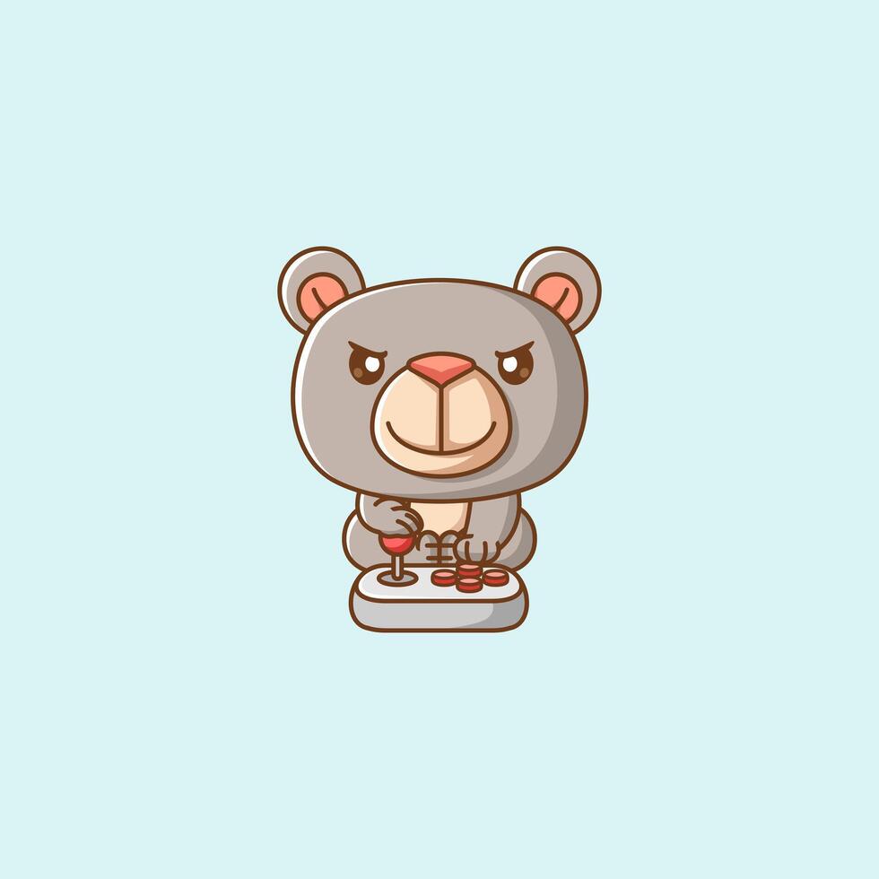 Cute teddy bear Gamer Playing Game with joystick kawaii chibi character mascot illustration outline style design vector