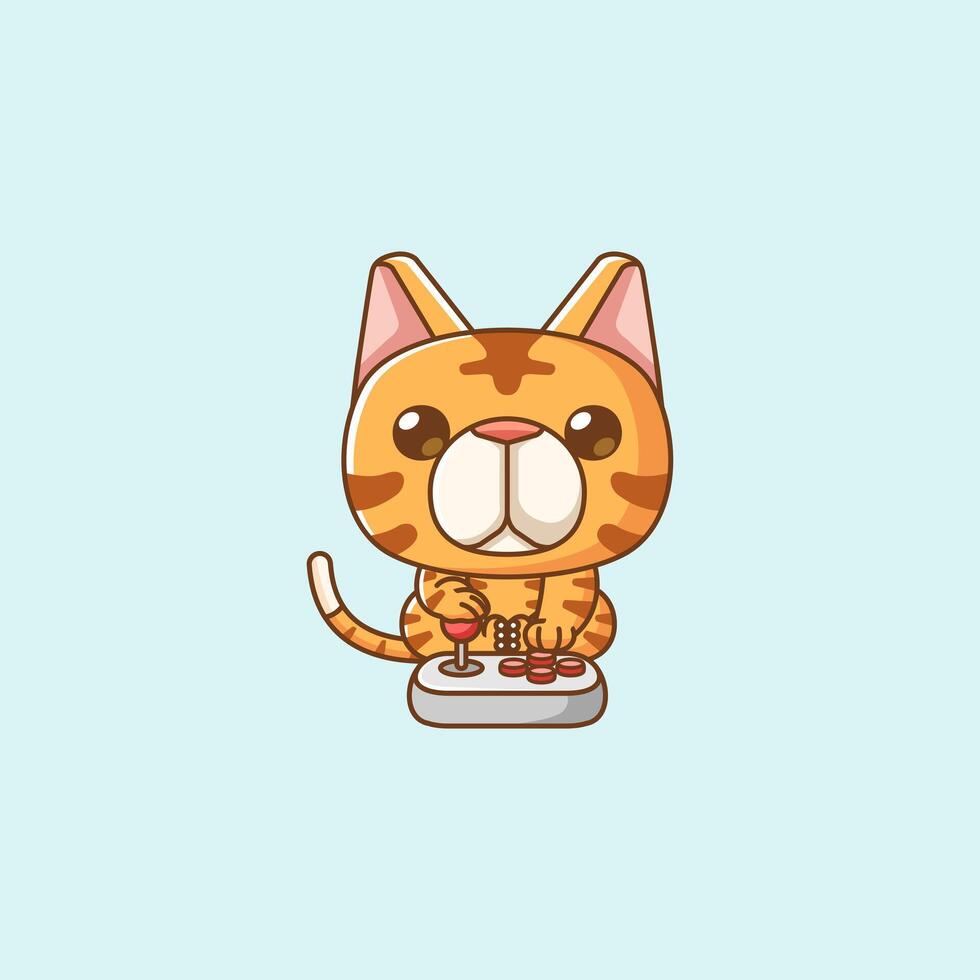 Cute cat Gamer Playing Game with joystick kawaii chibi character mascot illustration outline style design vector