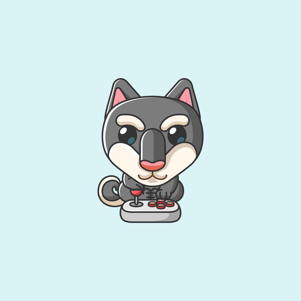 Cute dog Gamer Playing Game with joystick kawaii chibi character mascot illustration outline style design vector