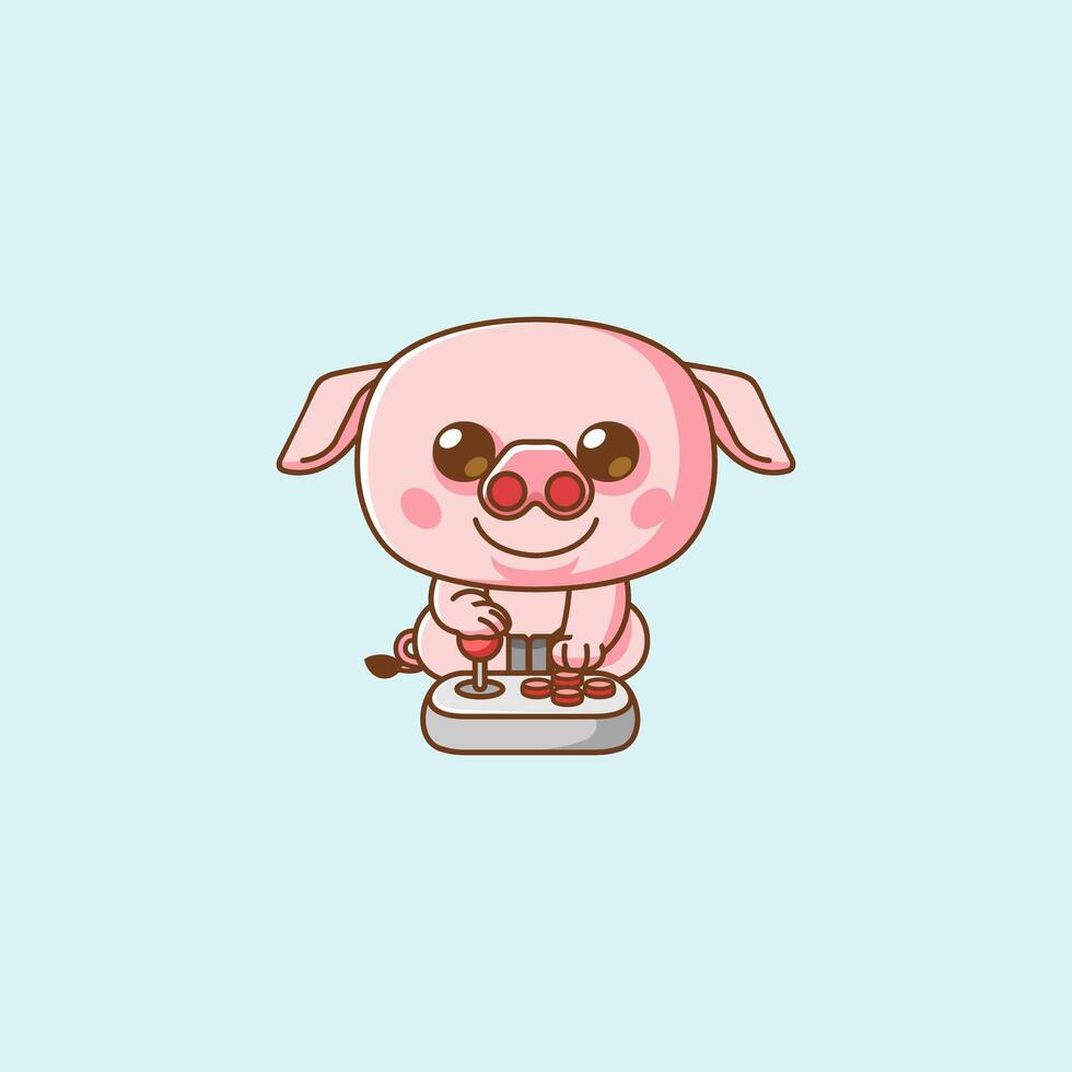 Cute pig Gamer Playing Game with joystick kawaii chibi character mascot illustration outline style design vector