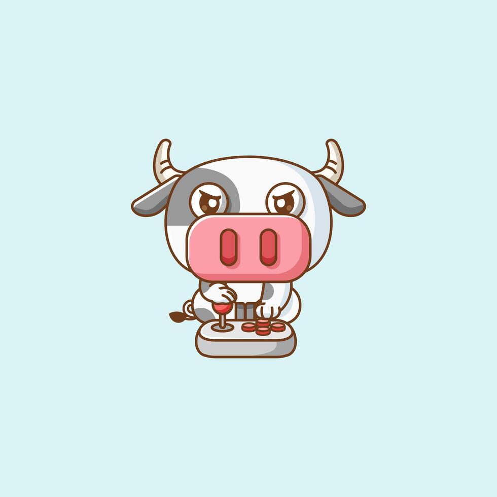 Cute cow Gamer Playing Game with joystick kawaii chibi character mascot illustration outline style design vector
