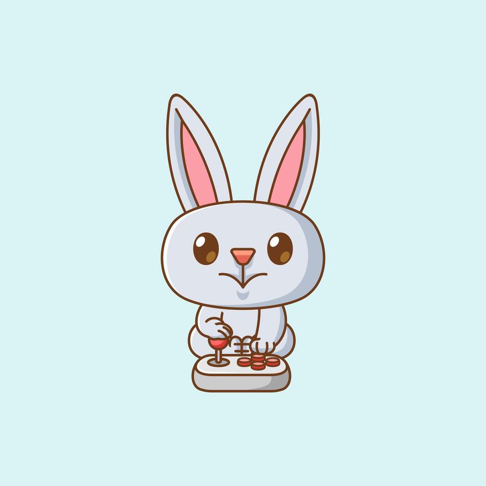 Cute rabbit Gamer Playing Game with joystick kawaii chibi character mascot illustration outline style design vector