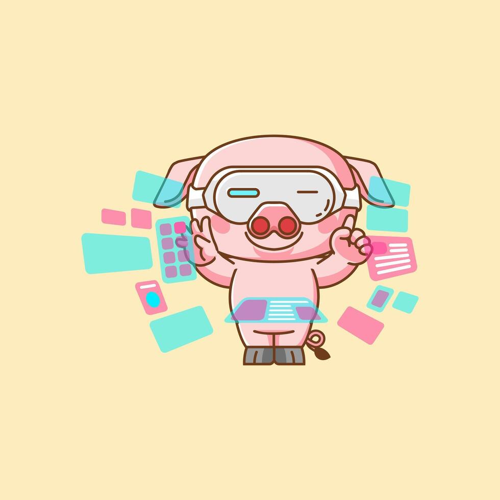 Cute pig interact virtual reality glasses vr kawaii chibi character mascot illustration outline style design vector