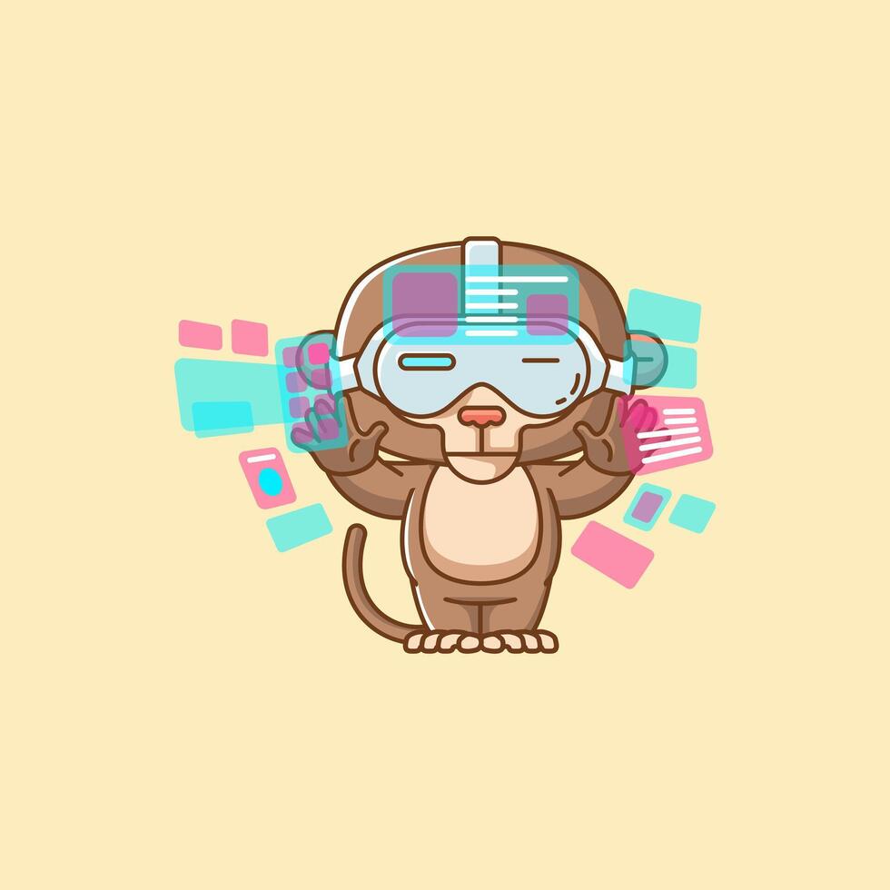Cute monkey interact virtual reality glasses vr kawaii chibi character mascot illustration outline style design vector