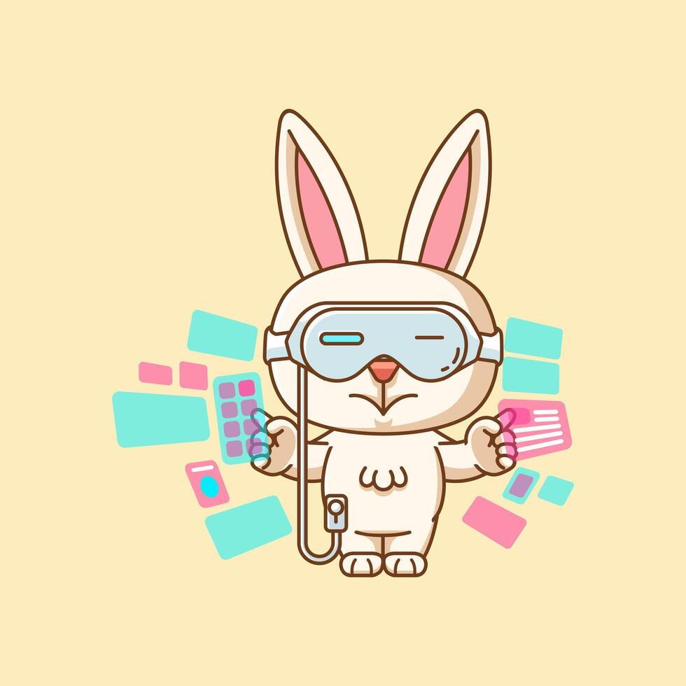 Cute rabbit interact virtual reality glasses vr kawaii chibi character mascot illustration outline style vector