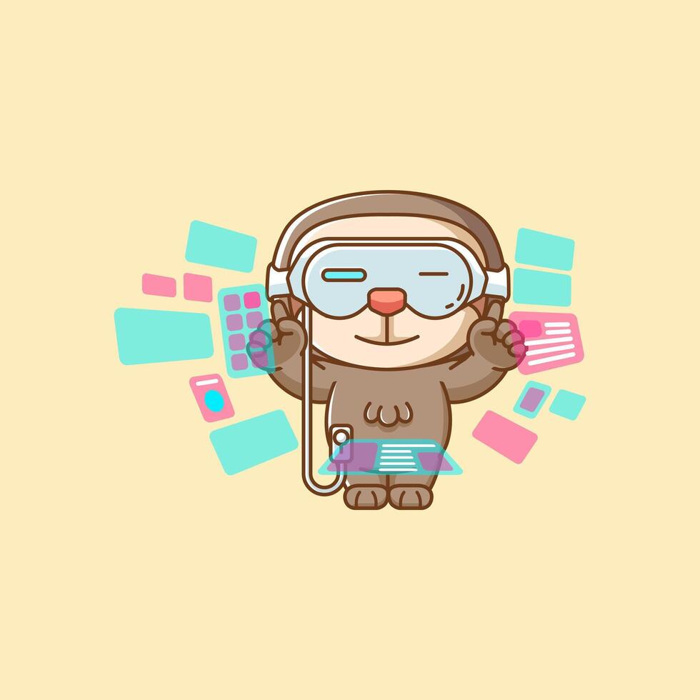 Cute sloth interact virtual reality glasses vr kawaii chibi character mascot illustration outline style design vector