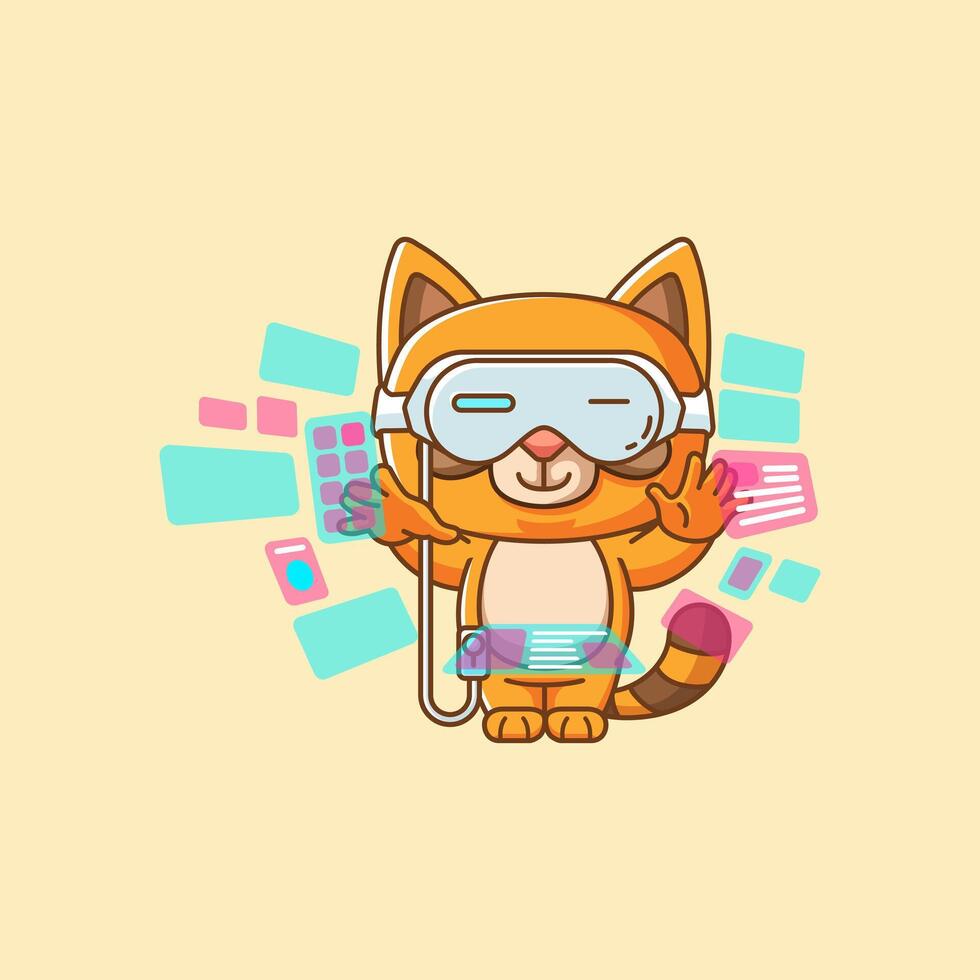 Cute raccoon interact virtual reality glasses vr kawaii chibi character mascot outline style vector