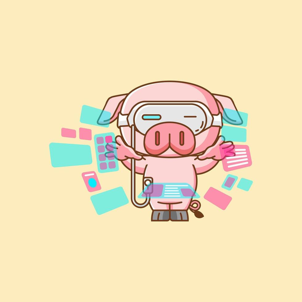 Cute pig interact virtual reality glasses vr kawaii chibi character mascot illustration outline style vector