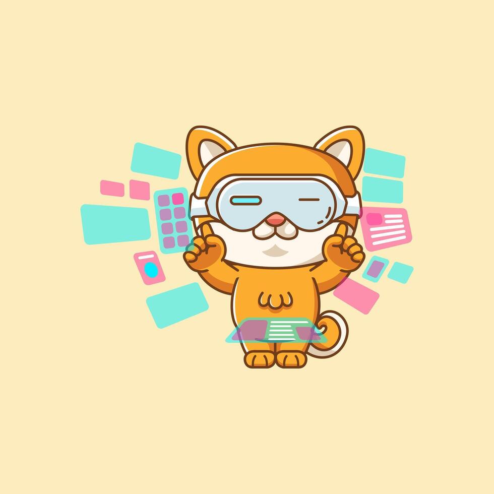 Cute shiba inu dog interact virtual reality glasses vr kawaii chibi character mascot illustration outline style design vector