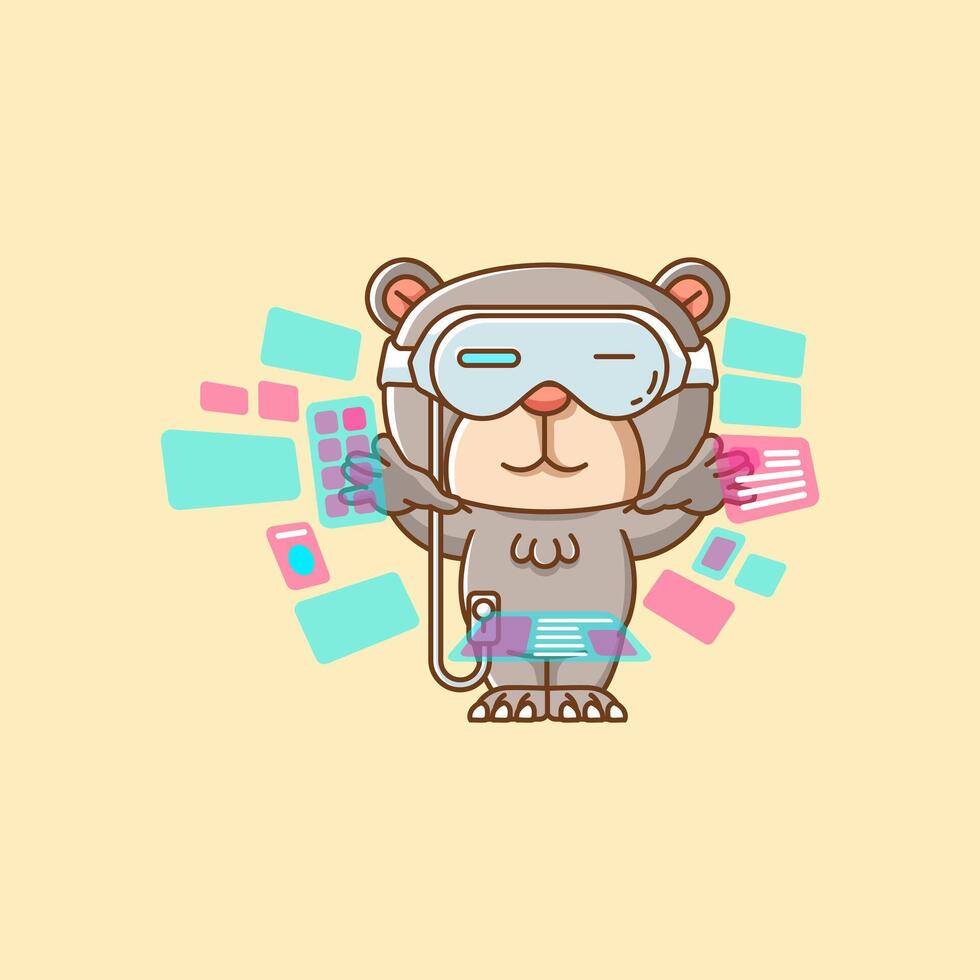 Cute bear interact virtual reality glasses vr kawaii chibi character mascot illustration outline style design vector