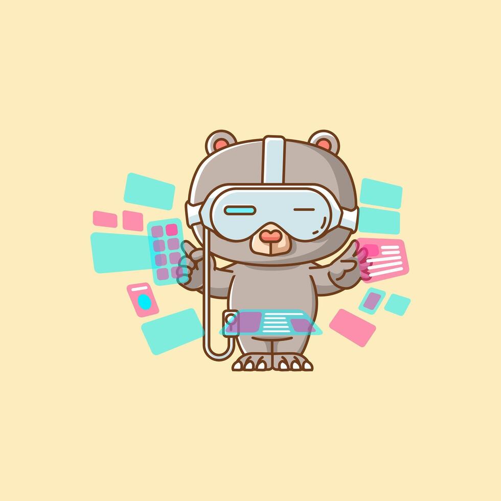 Cute bear interact virtual reality glasses vr kawaii chibi character mascot illustration outline style design vector