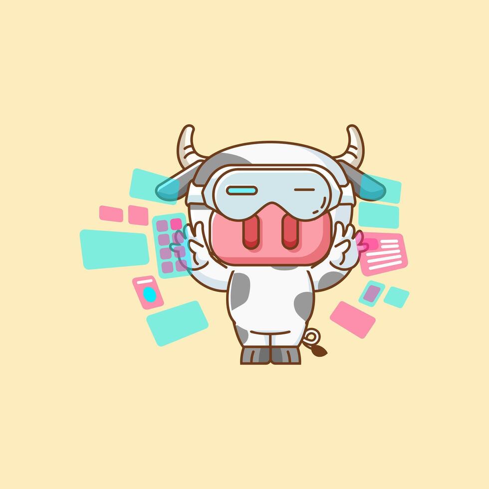 Cute cow interact virtual reality glasses vr kawaii chibi character mascot illustration outline style vector