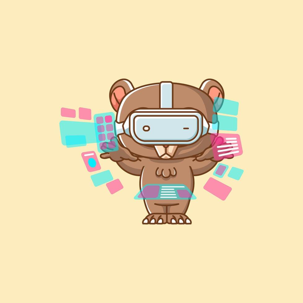 Cute bear interact virtual reality glasses vr kawaii chibi character mascot illustration outline style design vector