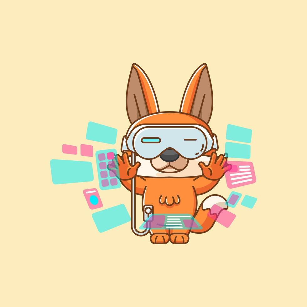 Cute fox interact virtual reality glasses vr kawaii chibi character mascot illustration outline style vector