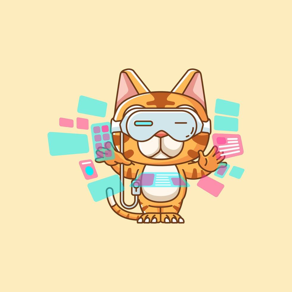 Cute cat interact virtual reality glasses vr kawaii chibi character mascot illustration outline style design vector
