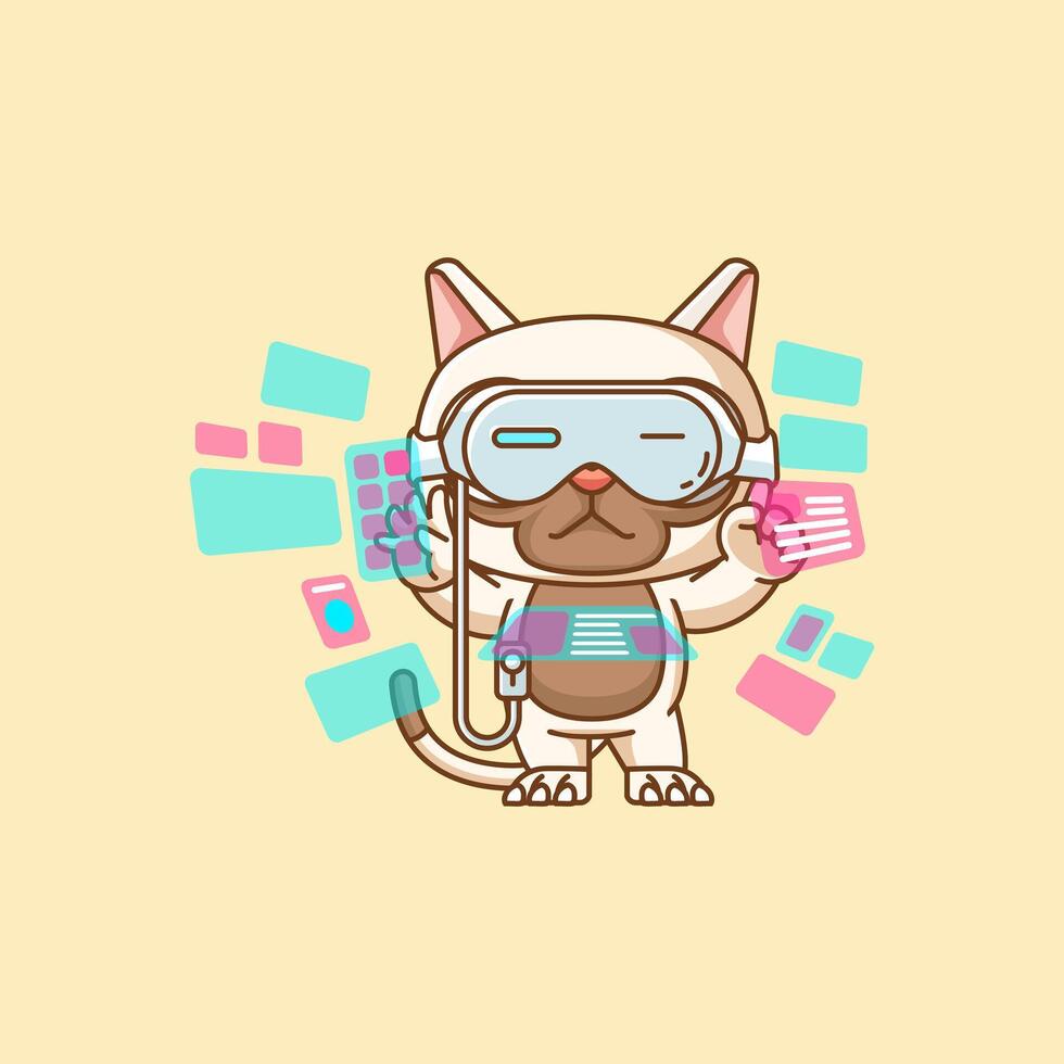 Cute cat interact virtual reality glasses vr kawaii chibi character mascot illustration outline style design vector