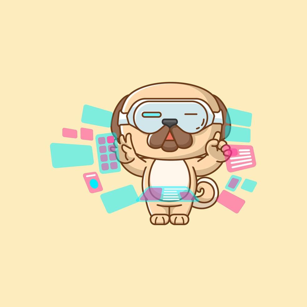 Cute dog pug interact virtual reality glasses vr kawaii chibi character mascot illustration outline style vector