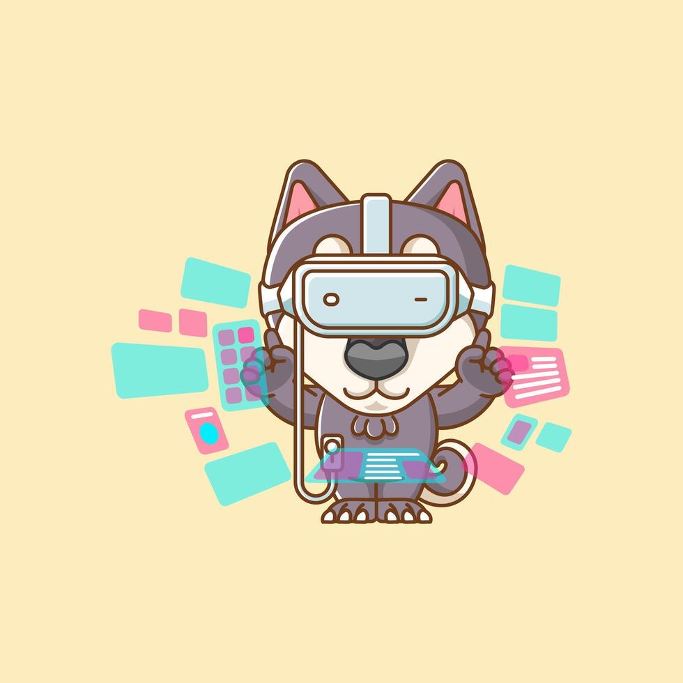Cute dog interact virtual reality glasses vr kawaii chibi character mascot illustration outline style vector