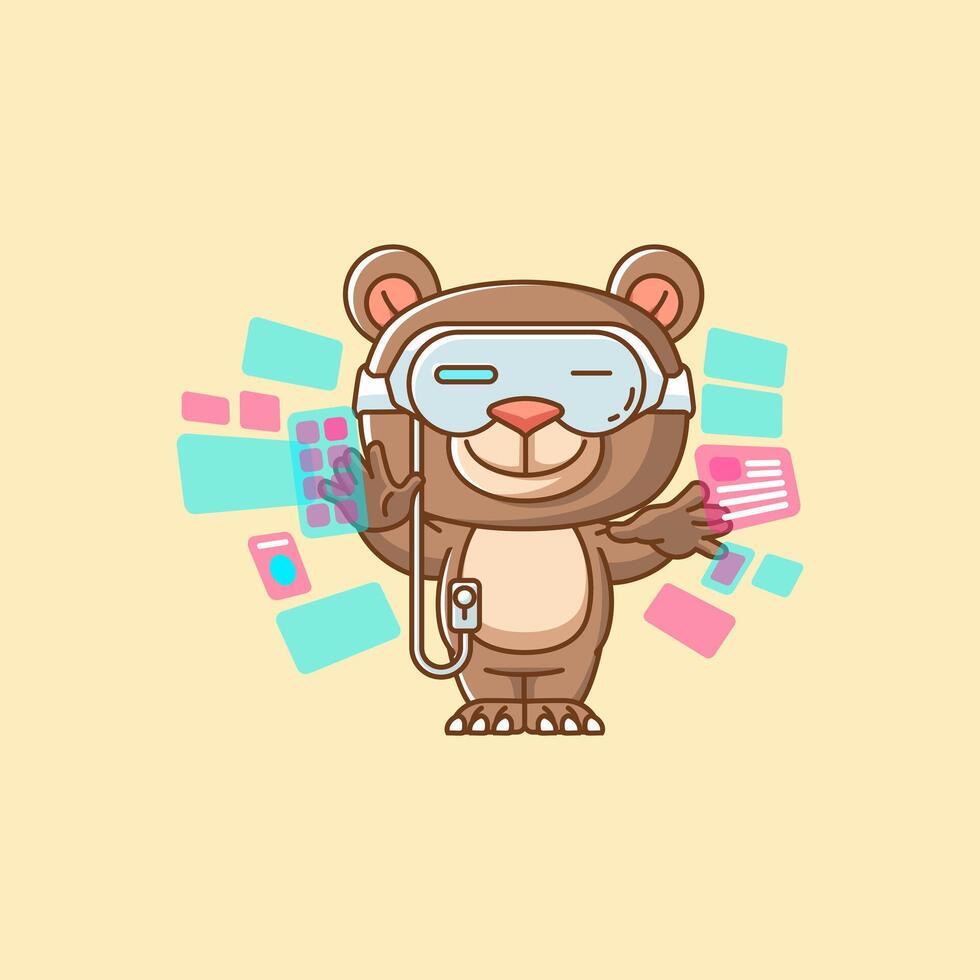 Cute bear interact virtual reality glasses vr kawaii chibi character mascot illustration outline style design vector