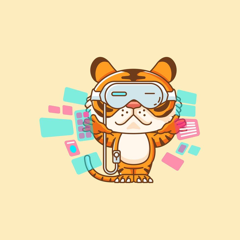 Cute tiger interact virtual reality glasses vr kawaii chibi character mascot illustration outline style design vector
