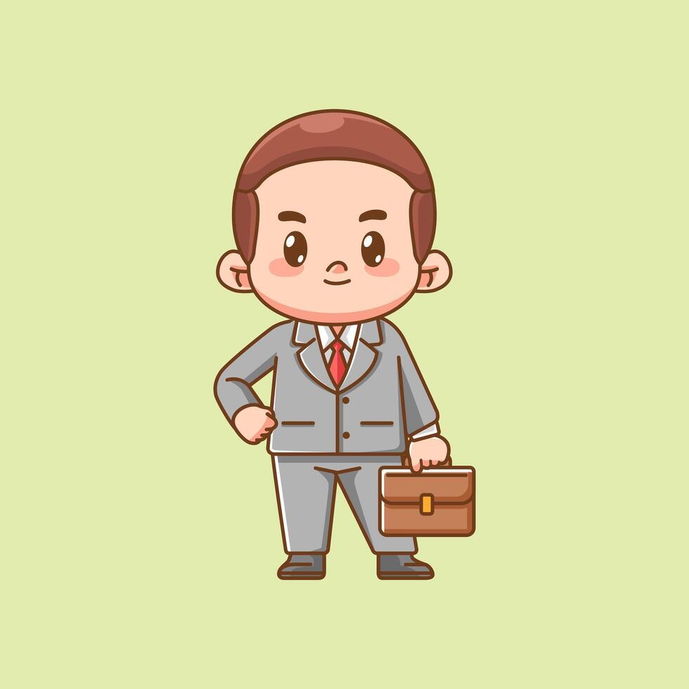 Cute businessman hold case suit office workers kawaii chibi character mascot illustration outline style design vector