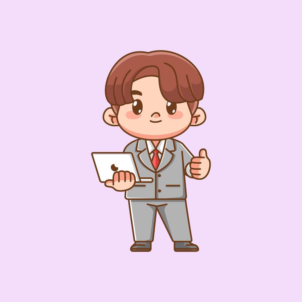 Cute businessman hold laptop suit office workers kawaii chibi character mascot illustration outline style design vector