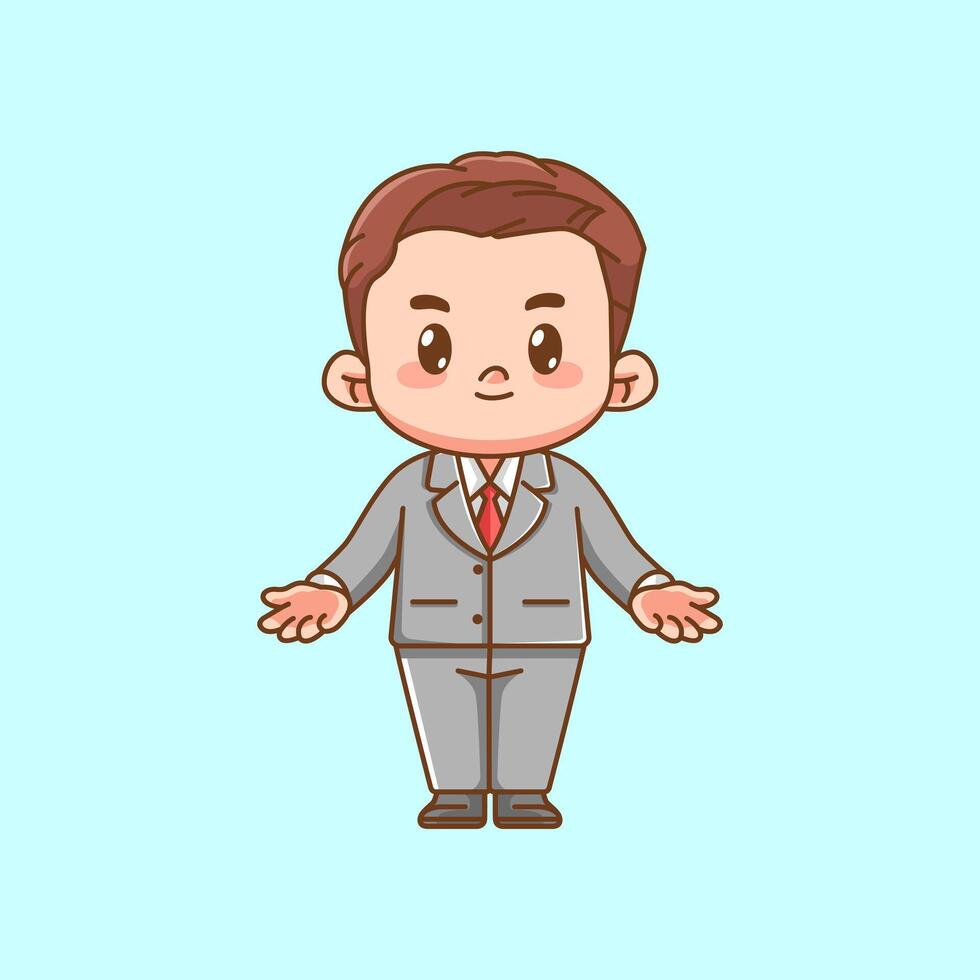 Cute businessman cheerful suit office workers kawaii chibi character mascot illustration outline style design vector