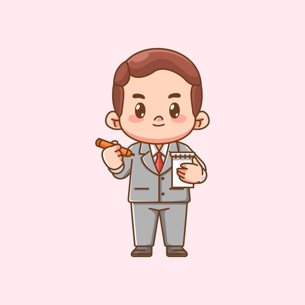 Cute businessman write note suit office workers kawaii chibi character mascot illustration outline style design vector