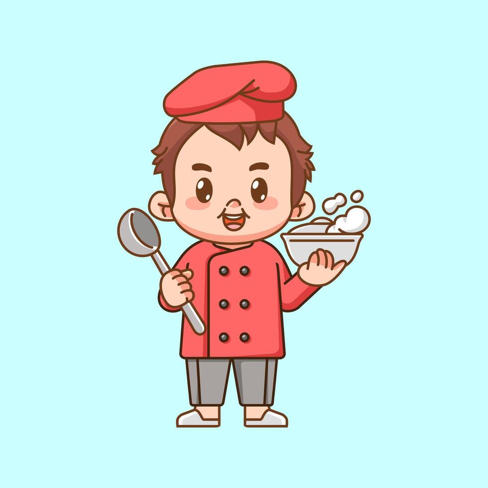 Cute chef cook serve hotpot food kawaii chibi character mascot illustration outline style design vector