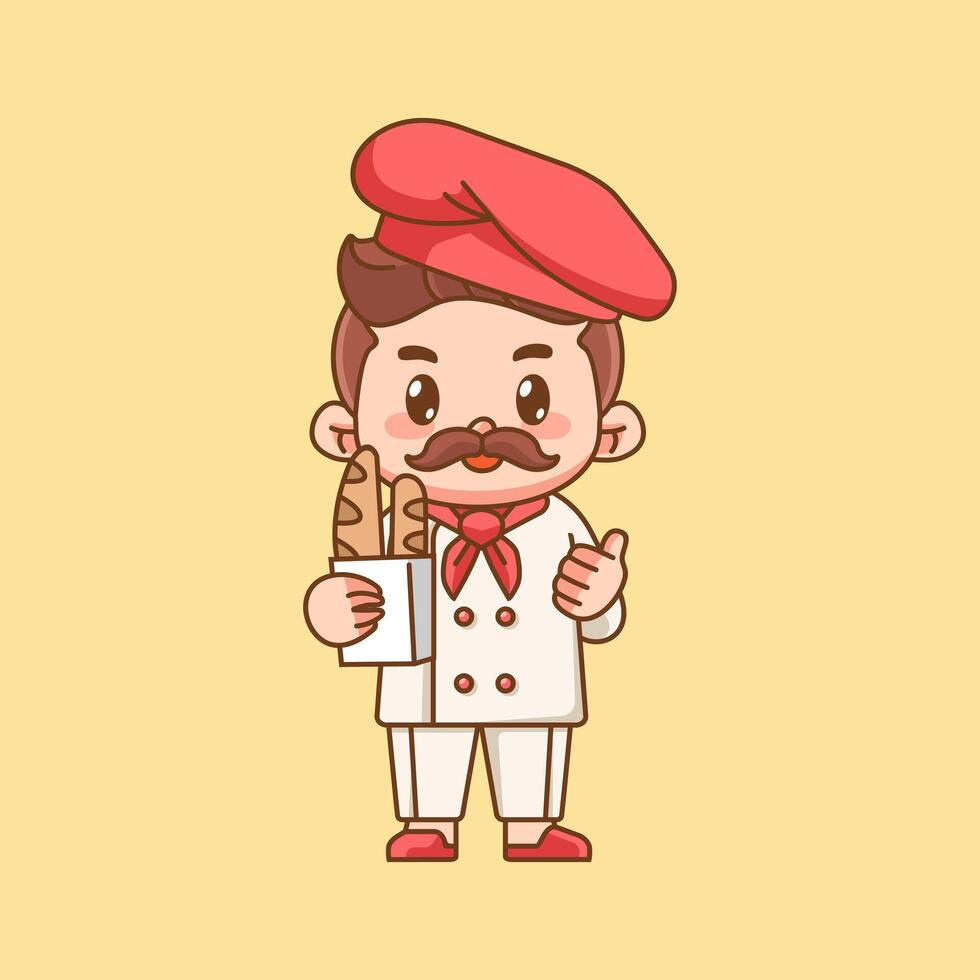 Cute chef cook bread shopping kawaii chibi character mascot illustration outline style design vector