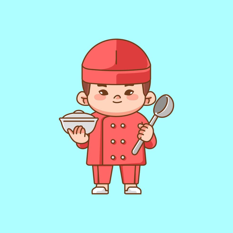 Cute chinese chef cook serve food kawaii chibi character mascot illustration outline style design vector