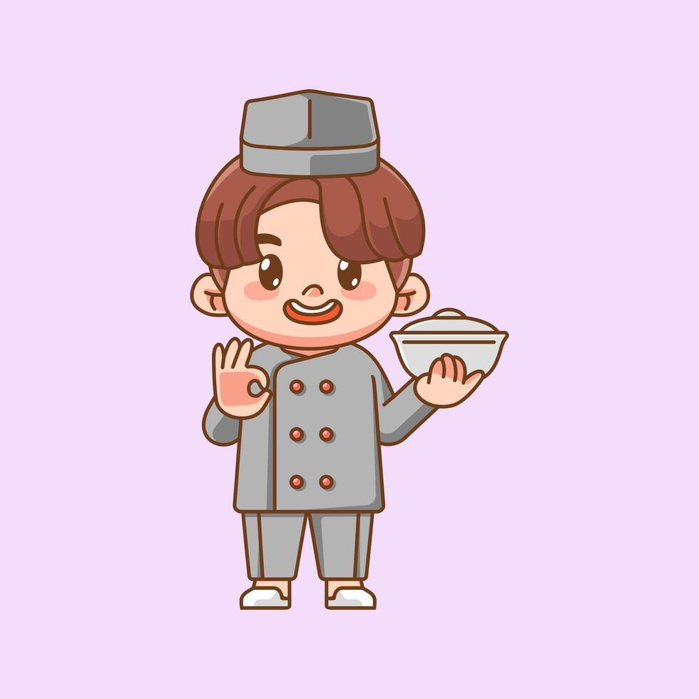 Cute chef cook serve bowl food kawaii chibi character mascot illustration outline style design vector