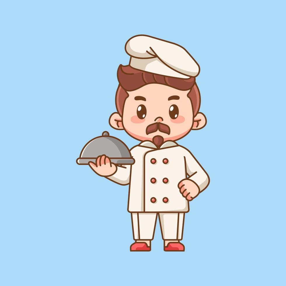 Cute moustache chef cook serve food kawaii chibi character mascot illustration outline style design vector