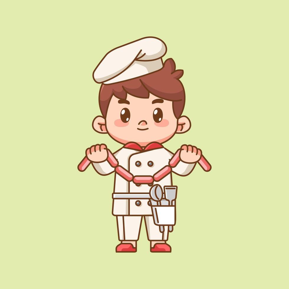 Cute chef cook hold sausage food kawaii chibi character mascot illustration outline style design vector