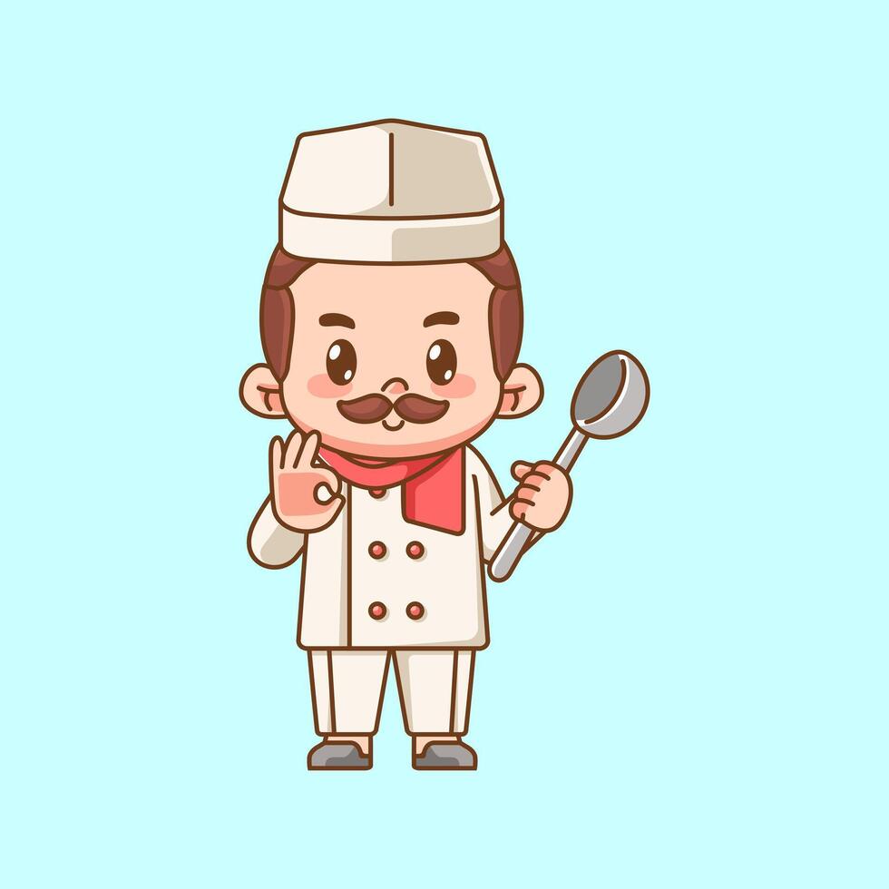 Cute chef cook hold soup spoon food kawaii chibi character mascot illustration outline style design vector