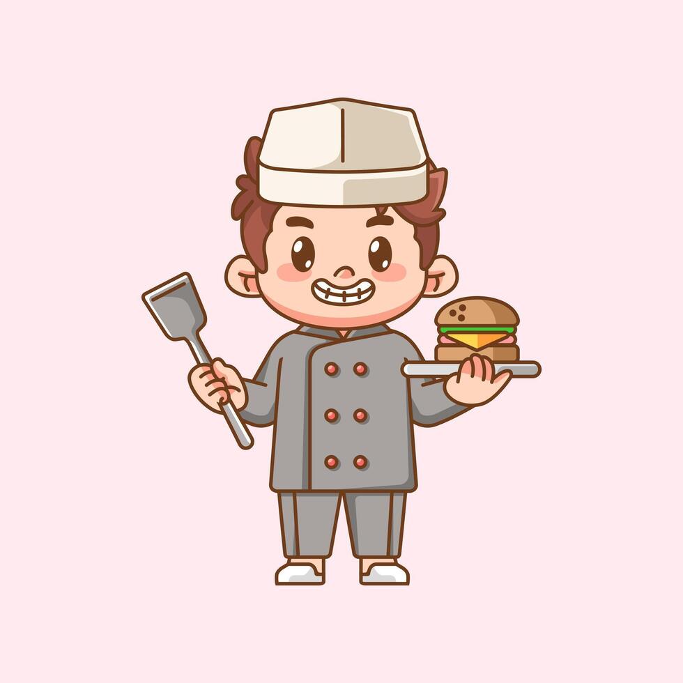 Cute chef cook serve burger food kawaii chibi character mascot illustration outline style design vector