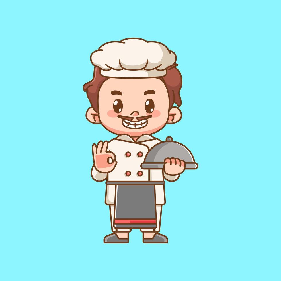Cute chef cook serve food ok pose kawaii chibi character mascot illustration outline style design vector