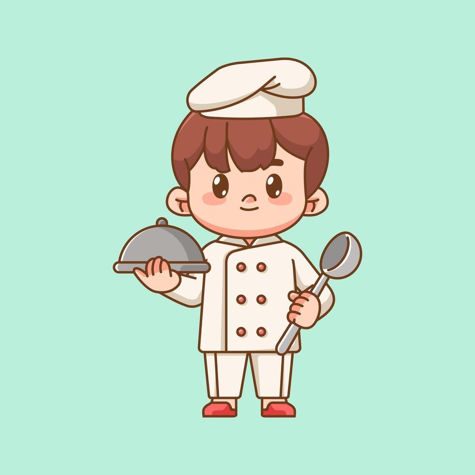 Cute chef cook serve food kawaii chibi man character mascot illustration outline style design vector