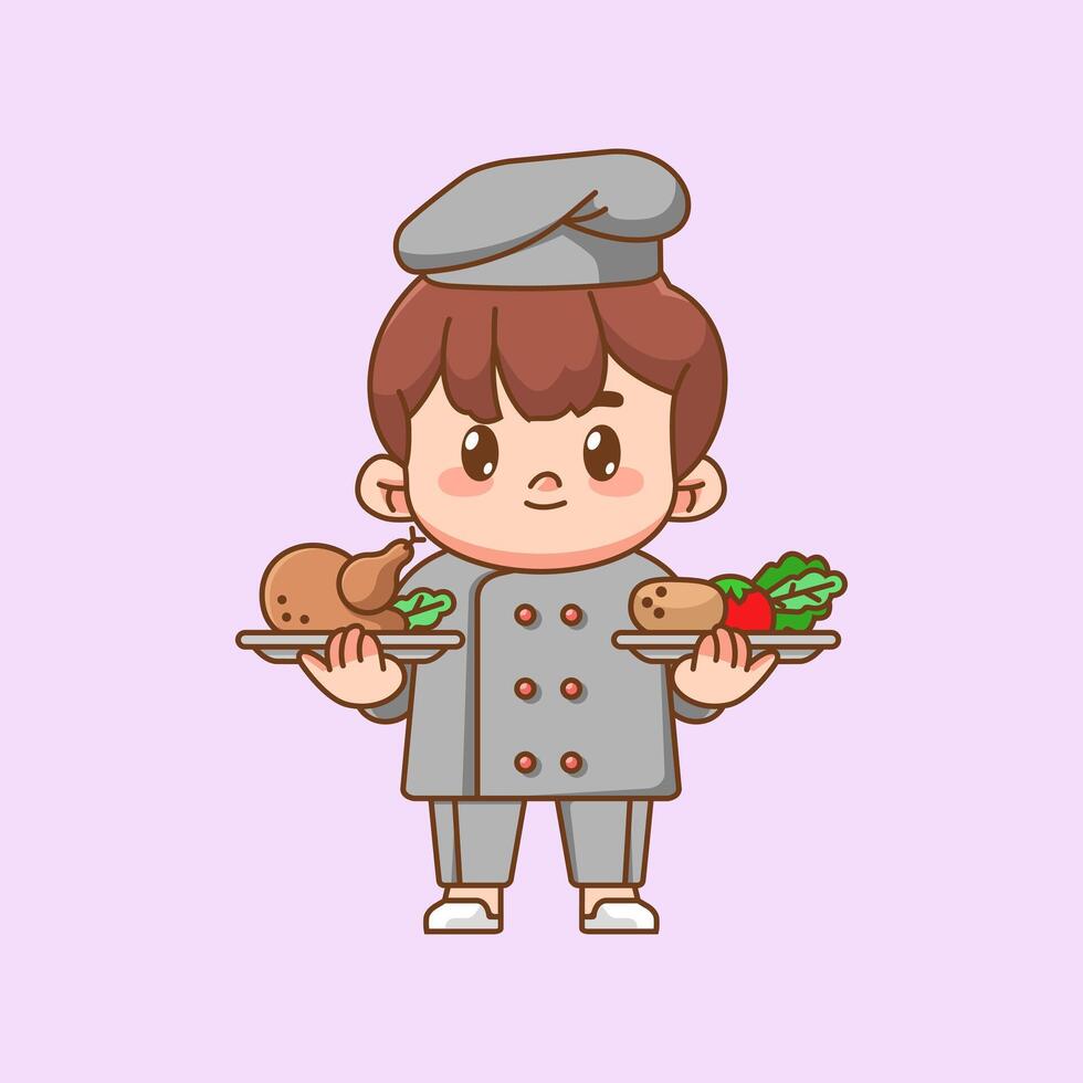 Cute chef cook serve food kawaii chibi character mascot illustration outline style design vector