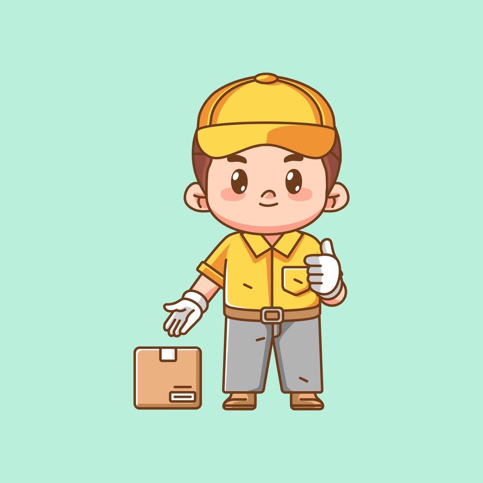 Cute male courier package delivery serving kawaii chibi character mascot illustration outline style design vector