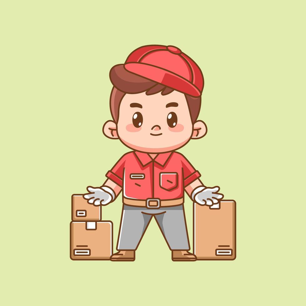 Cute male courier box package delivery kawaii chibi character mascot illustration outline style design vector