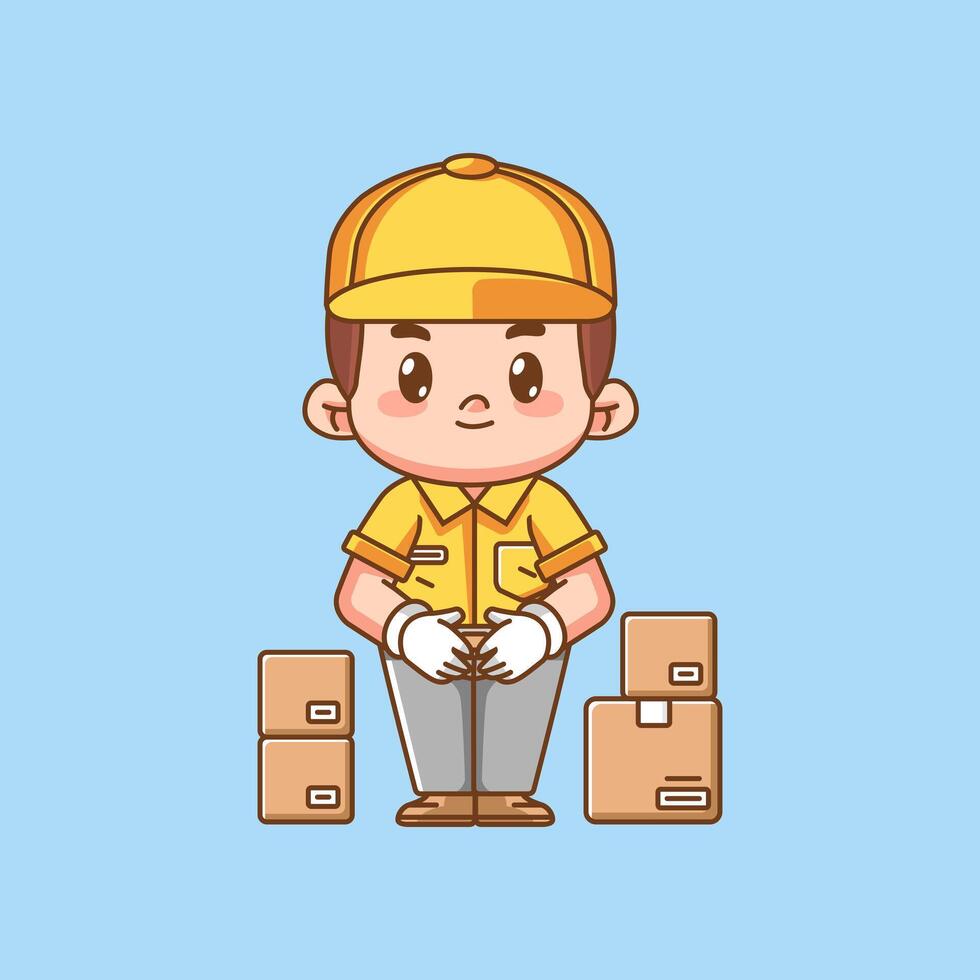 Cute polite male courier package delivery kawaii chibi character mascot illustration outline style design vector